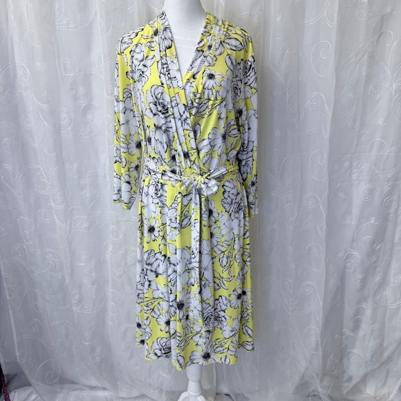Liz Claiborne Dresses & Skirts - Liz Claiborne Yellow Floral Faux Wrap Dress XL Jersey Knit Midi
